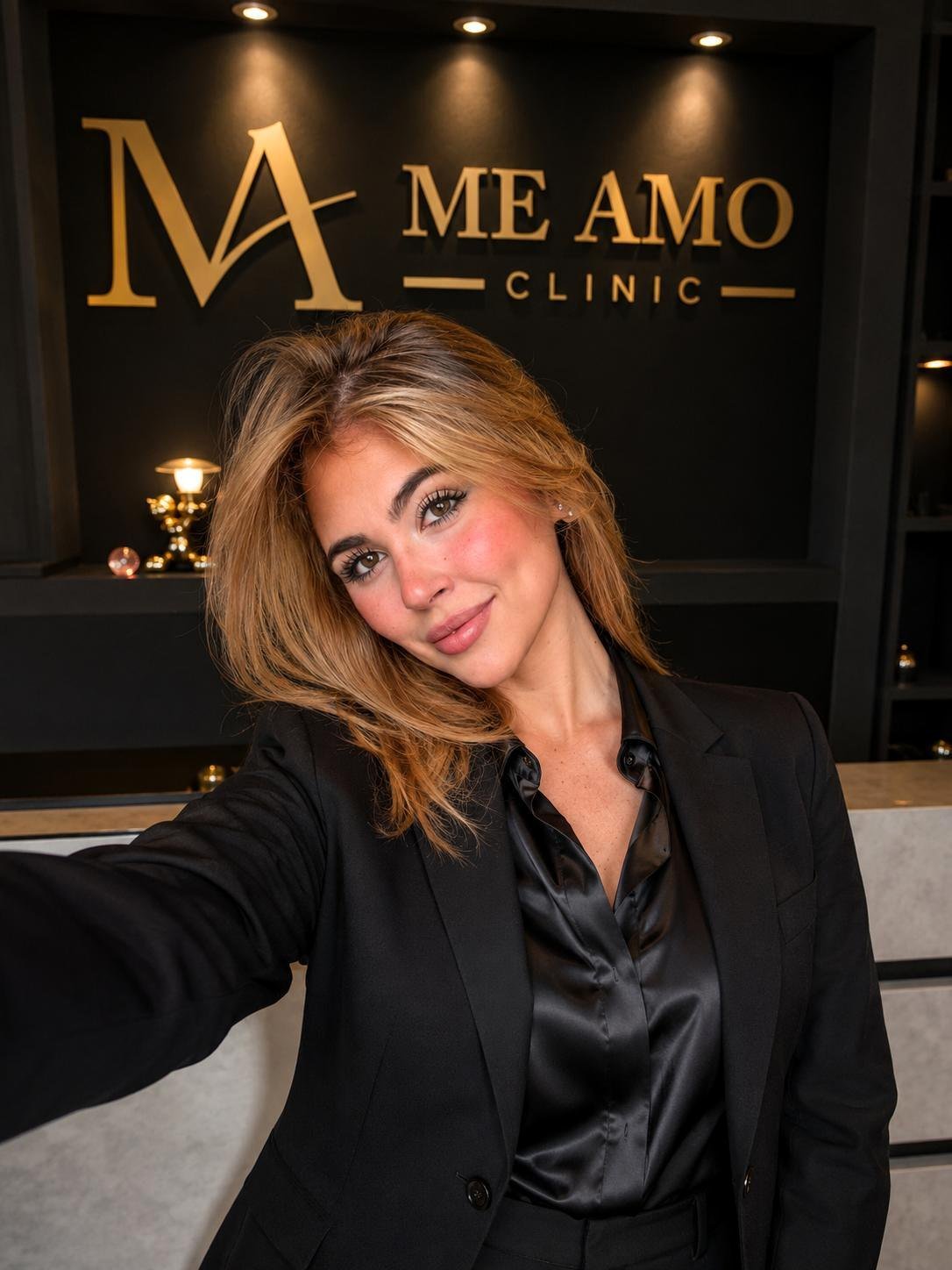 Profesional de Me Amo Clinic dando la bienvenida en la recepción, bajo el logotipo dorado