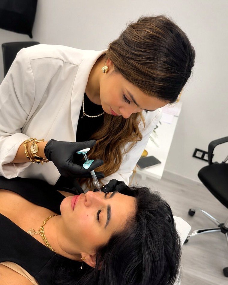 Profesional de Me Amo Clinic realizando un tratamiento de medicina estética facial a una paciente